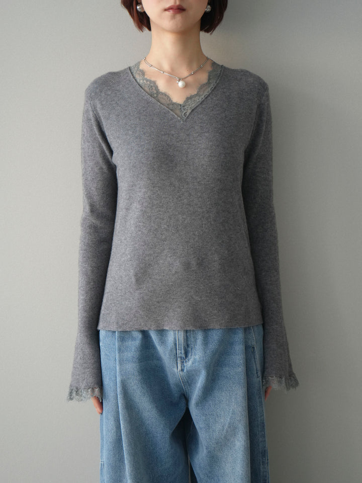 [予約]レースドッキングVネックニットトップス/gray