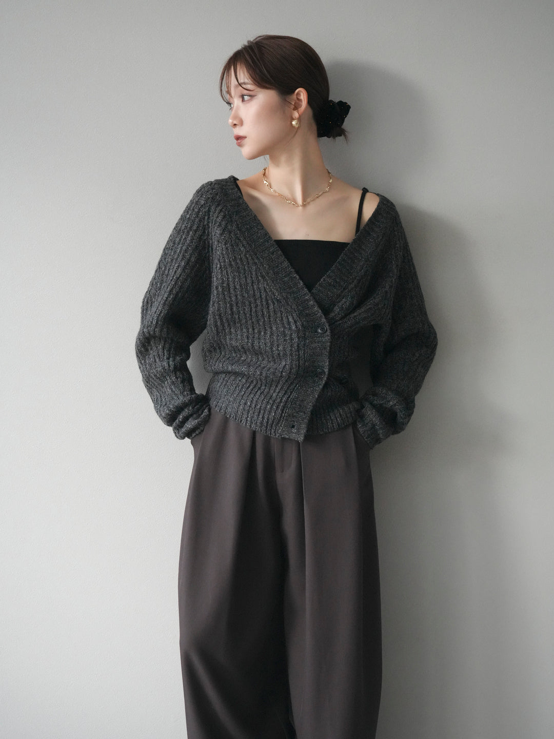 [予約]2WAYボタンニットカーディガン/charcoal