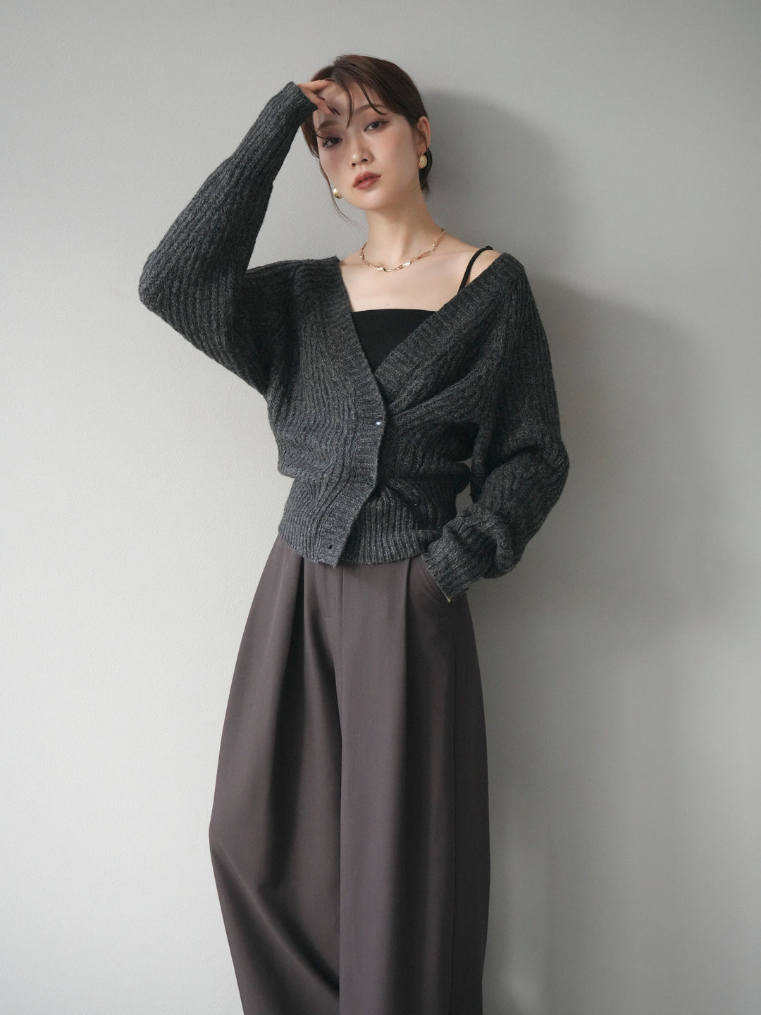 [予約]2WAYボタンニットカーディガン/charcoal