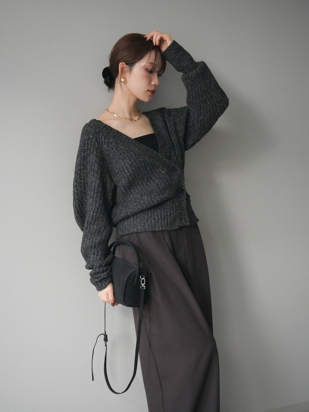 [予約]2WAYボタンニットカーディガン/charcoal