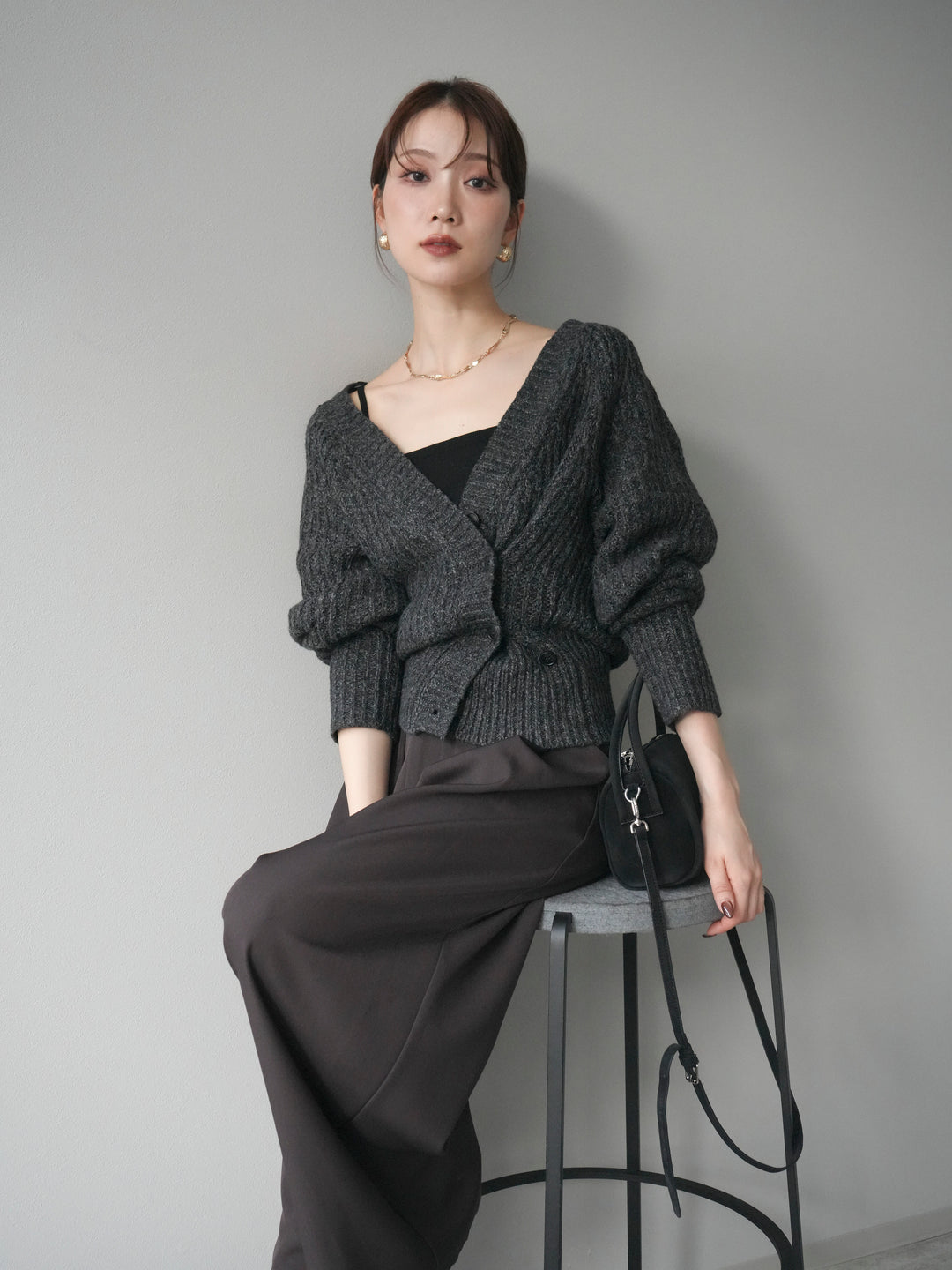 [予約]2WAYボタンニットカーディガン/charcoal