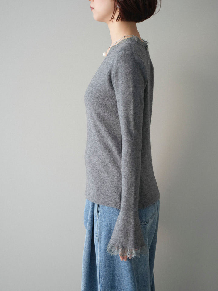 [予約]レースドッキングVネックニットトップス/gray