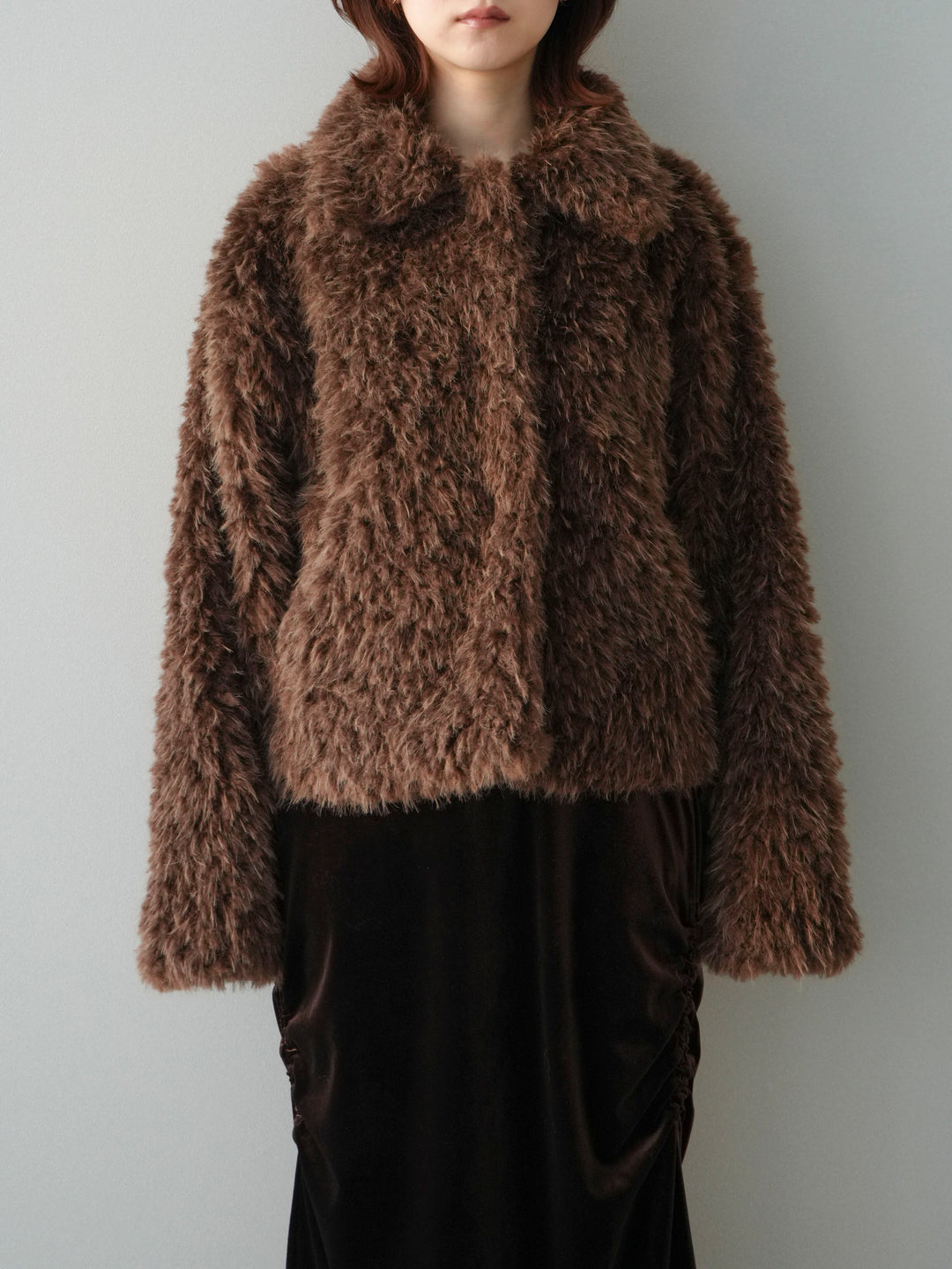 [予約]フェイクファー襟付きショートブルゾン/brown
