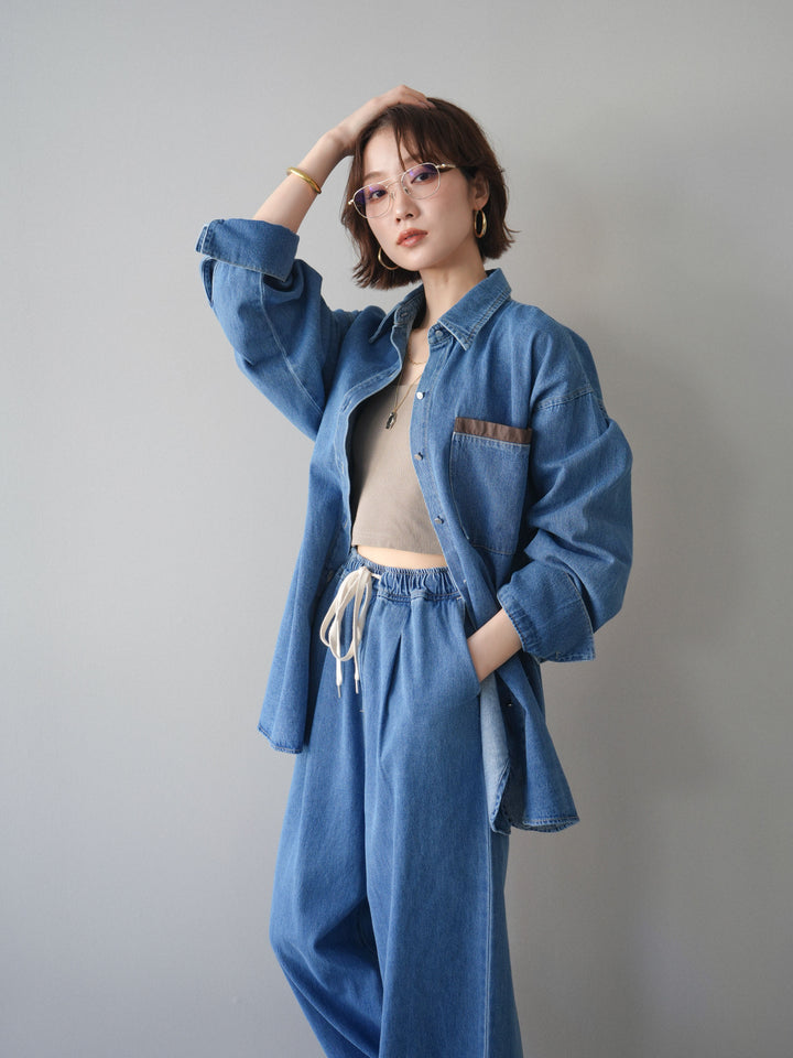[SET]ポイントレザーオーバーデニムシャツ+ドロストワイドデニムパンツ(2set)