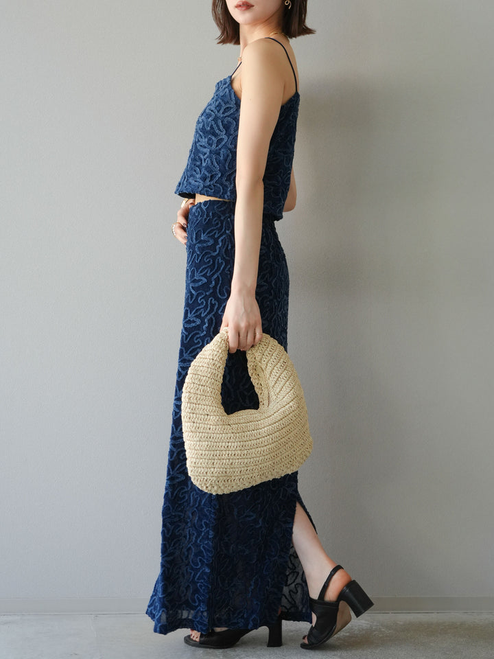 [予約]パイピングフラワーシアーベロアスカート/ネイビー