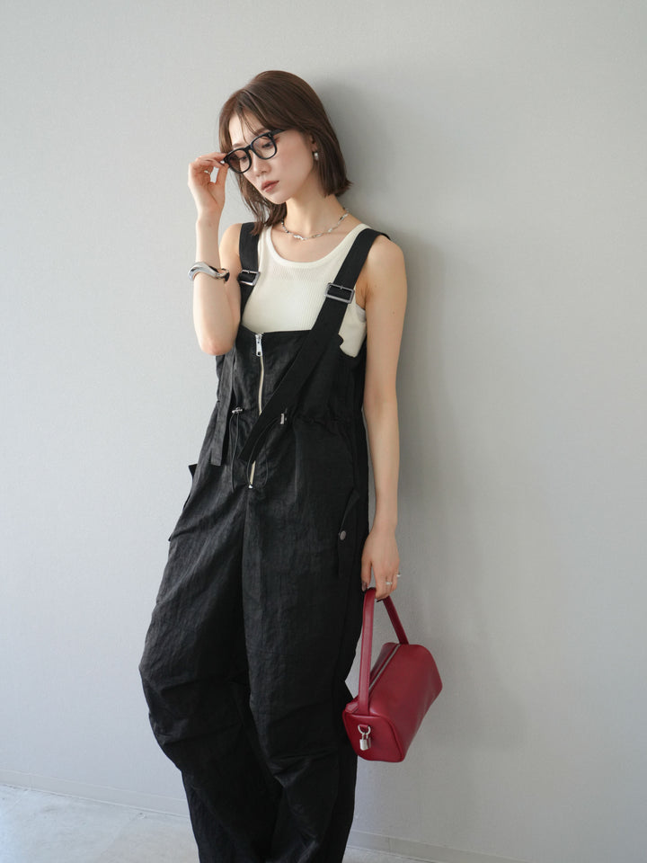 [予約]ナイロンタックデザインサロペット/ブラック