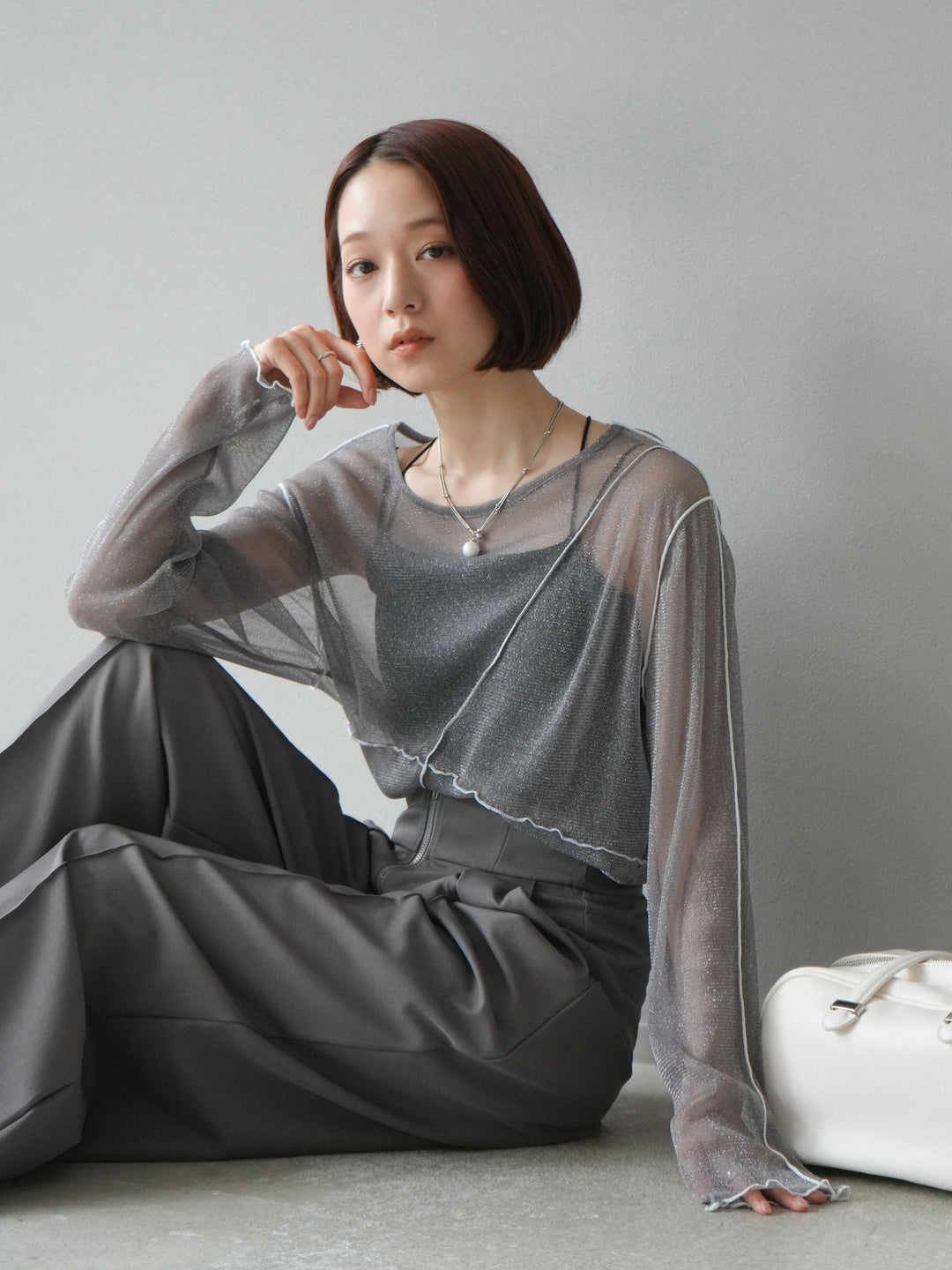 [予約]ラメシアーバイカラーメロープルオーバー/チャコール