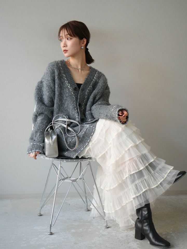 [予約]ステッチVネックニットカーディガン/グレー