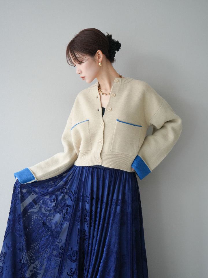 [SET]バイカラーオーバーニットカーディガン+アンティーク柄フロッキーマキシスカート(2set)
