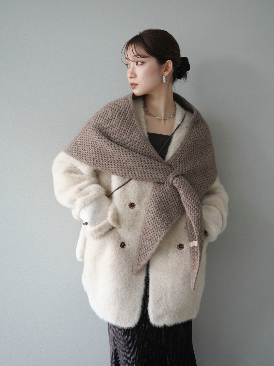 [予約]バッグ付エコファーノーカラーコート/beige