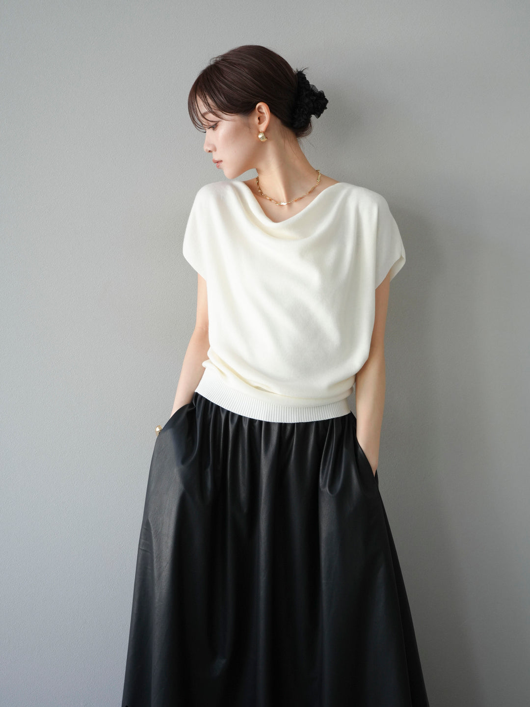 [予約]ドレープドルマンフレンチスリーブニットトップス/アイボリー