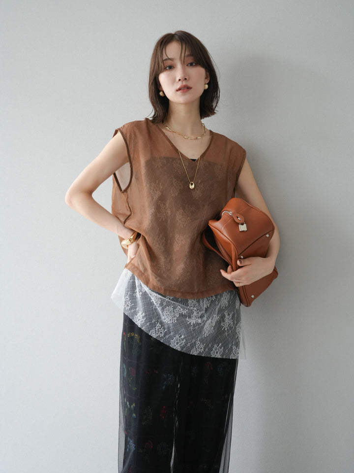 [予約]レースレイヤードオーガンジートップス/ブラウン
