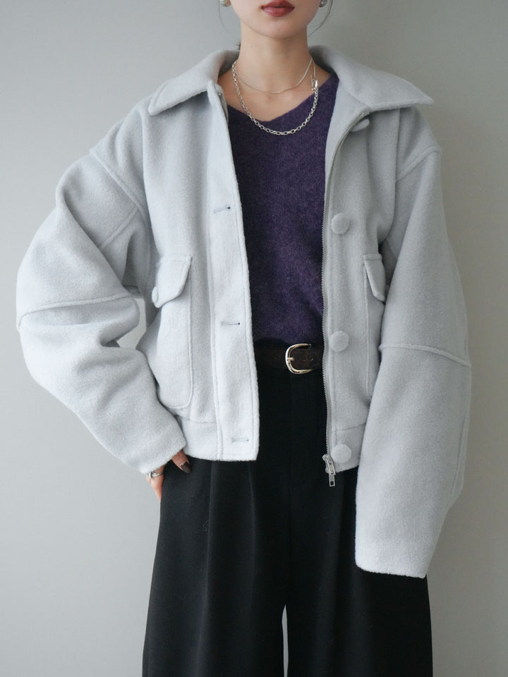 [SET]ウールライクフライトジャケット+シュシュ付きアンゴラタッチVネックニットプルオーバー+アニマル柄ベルト付きウールタッチワイドパンツ(3set)