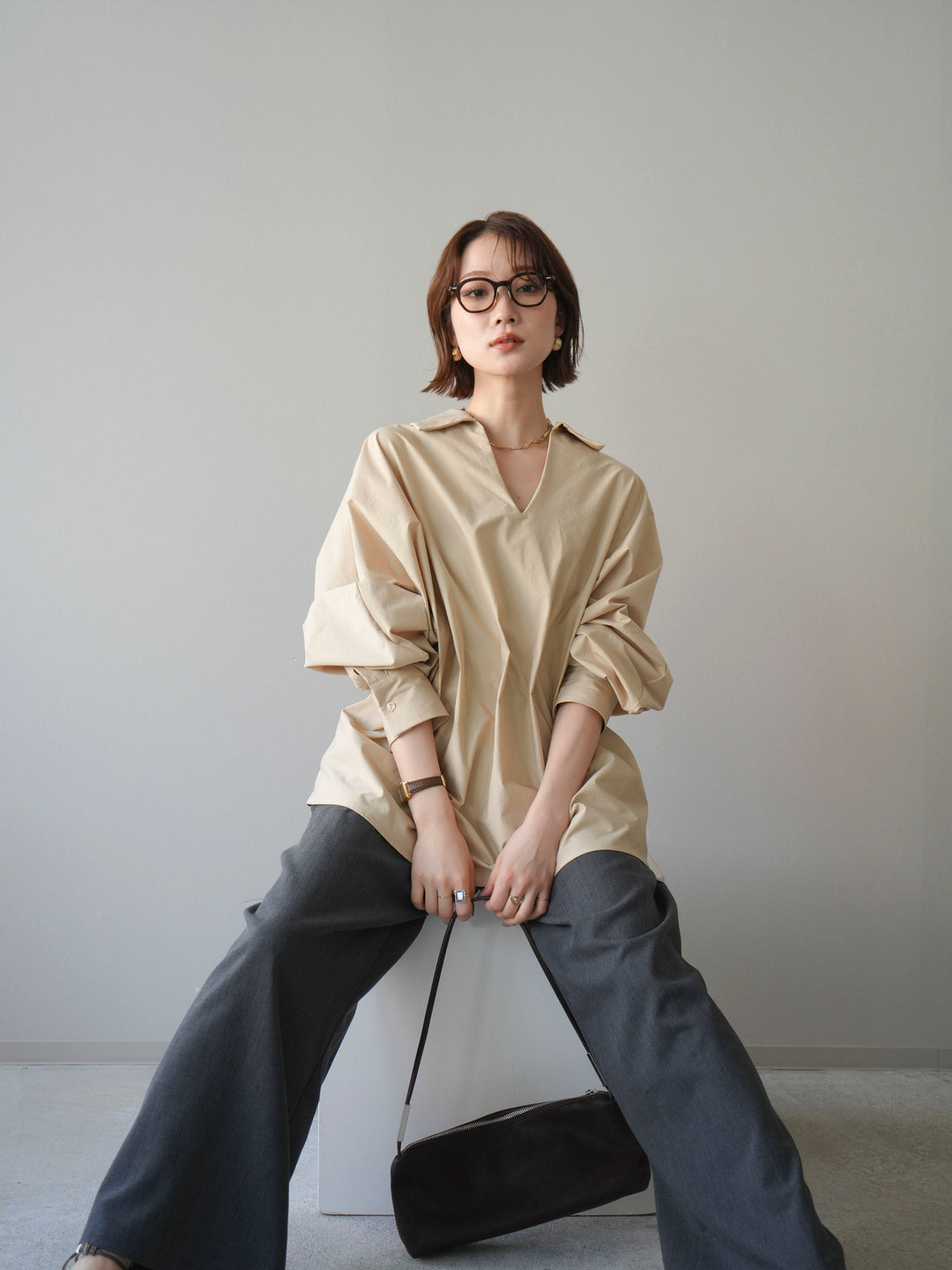 [予約]ウエストギャザースキッパーシャツ/beige