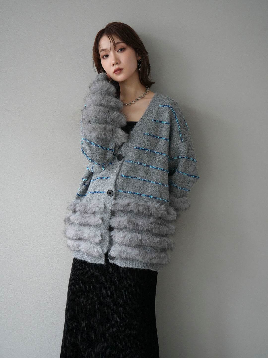 [SET]フェザーライン配色シャギーニットカーディガン+ベロアプリーツナロースカート(2set)