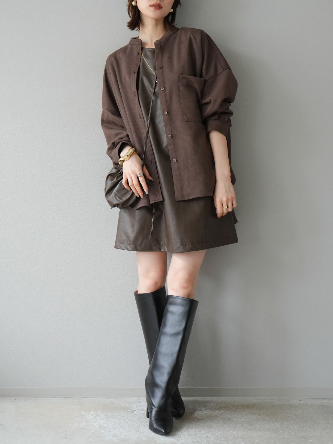 [予約]スエードバンドカラーオーバーシャツ/ダークブラウン