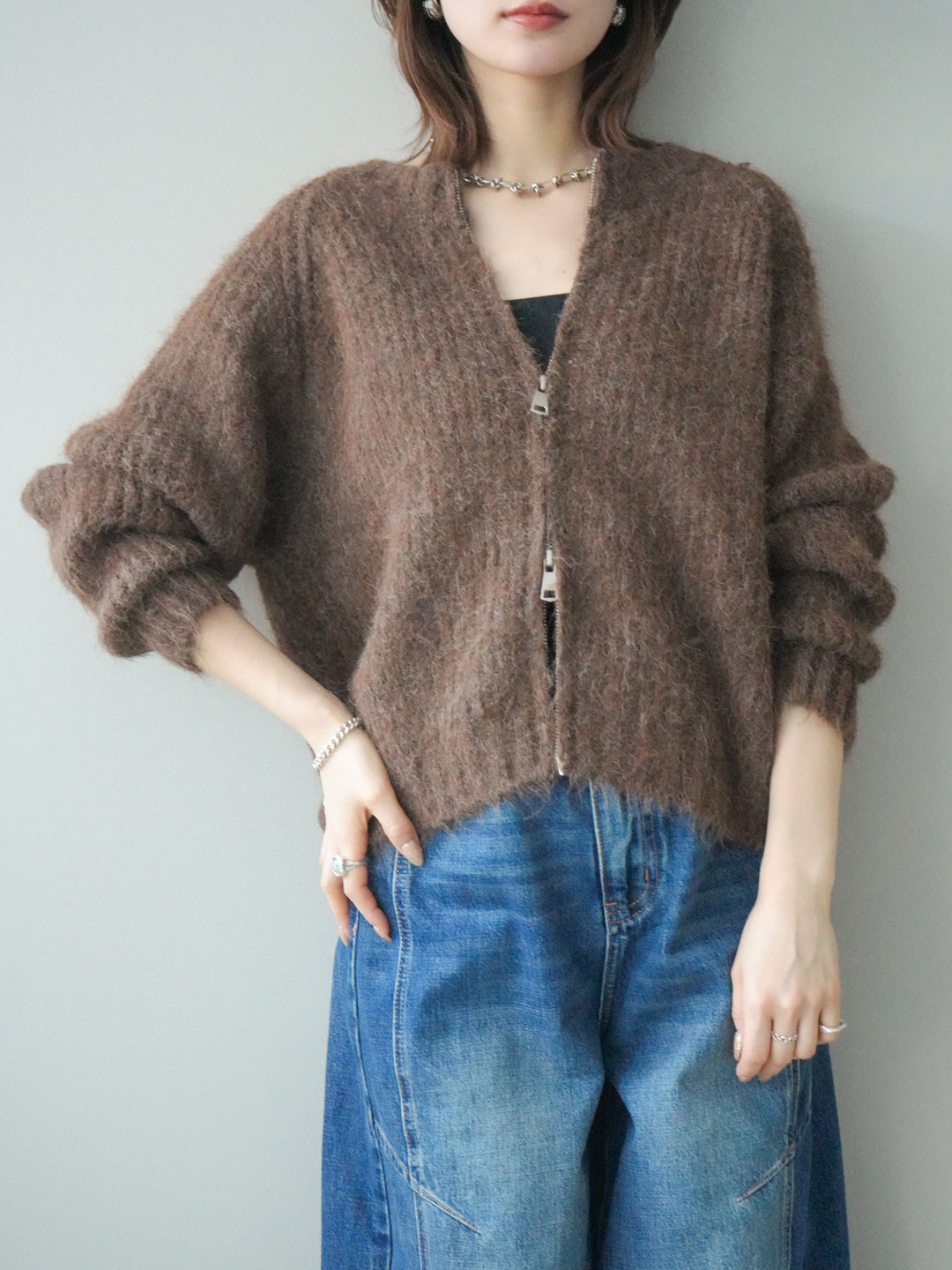 [予約]MIXヤーンモヘアタッチZIPニットカーディガン/brown