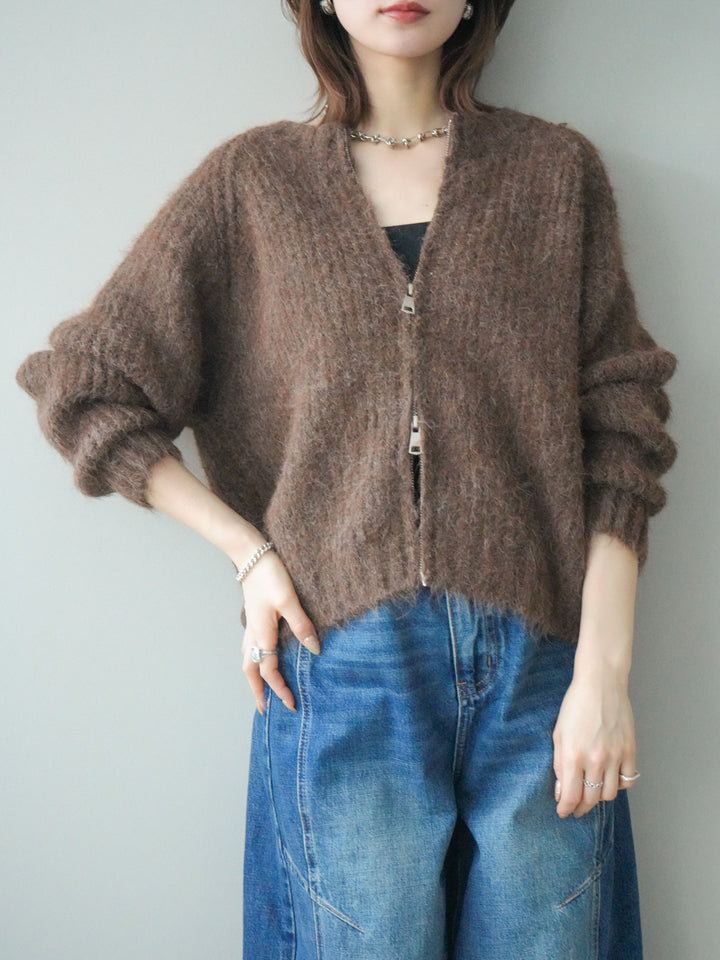 [予約]MIXヤーンモヘアタッチZIPニットカーディガン/brown