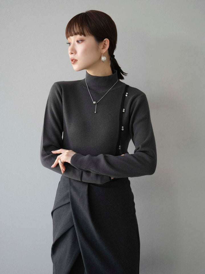 [預訂] 瓶頸配色設計紐扣針織上衣/炭灰