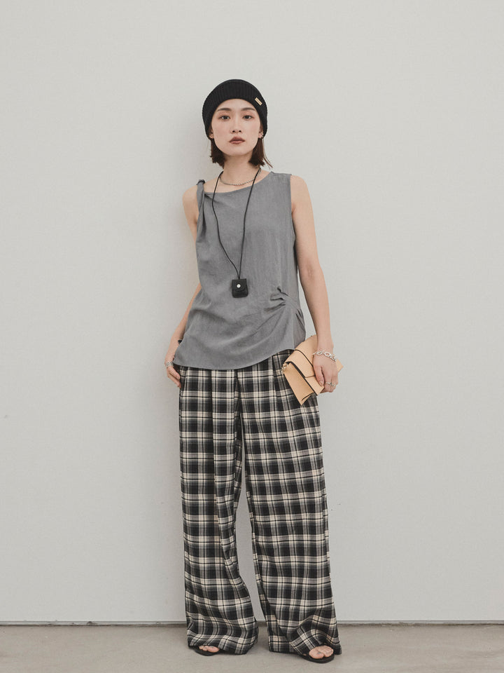 [SET] 扭紋無袖上衣配皮項鍊 + 格紋寬褲 (2 件套)