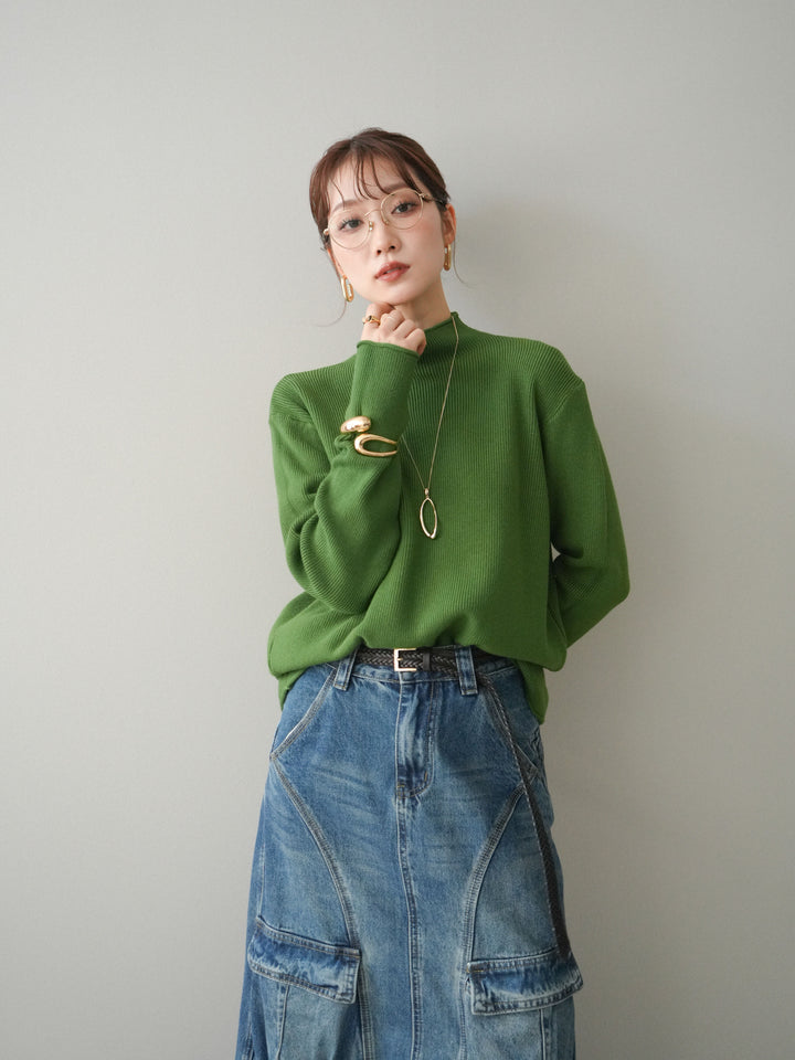 [予約]ボトルネック裾カールリブニットトップス/green