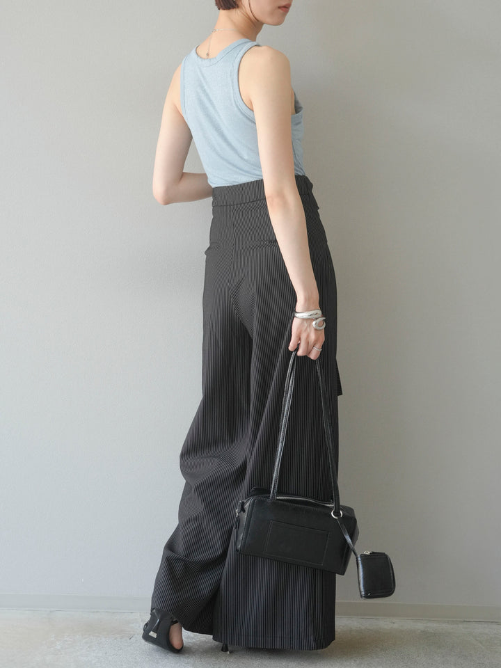 【預購】條紋裹腰闊腿褲/黑色