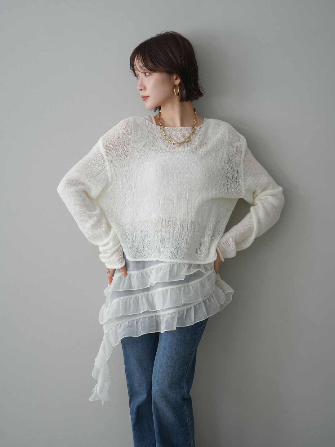 [予約]ラッフルオーガンジータンクトップ＆ニットアンサンブル/white