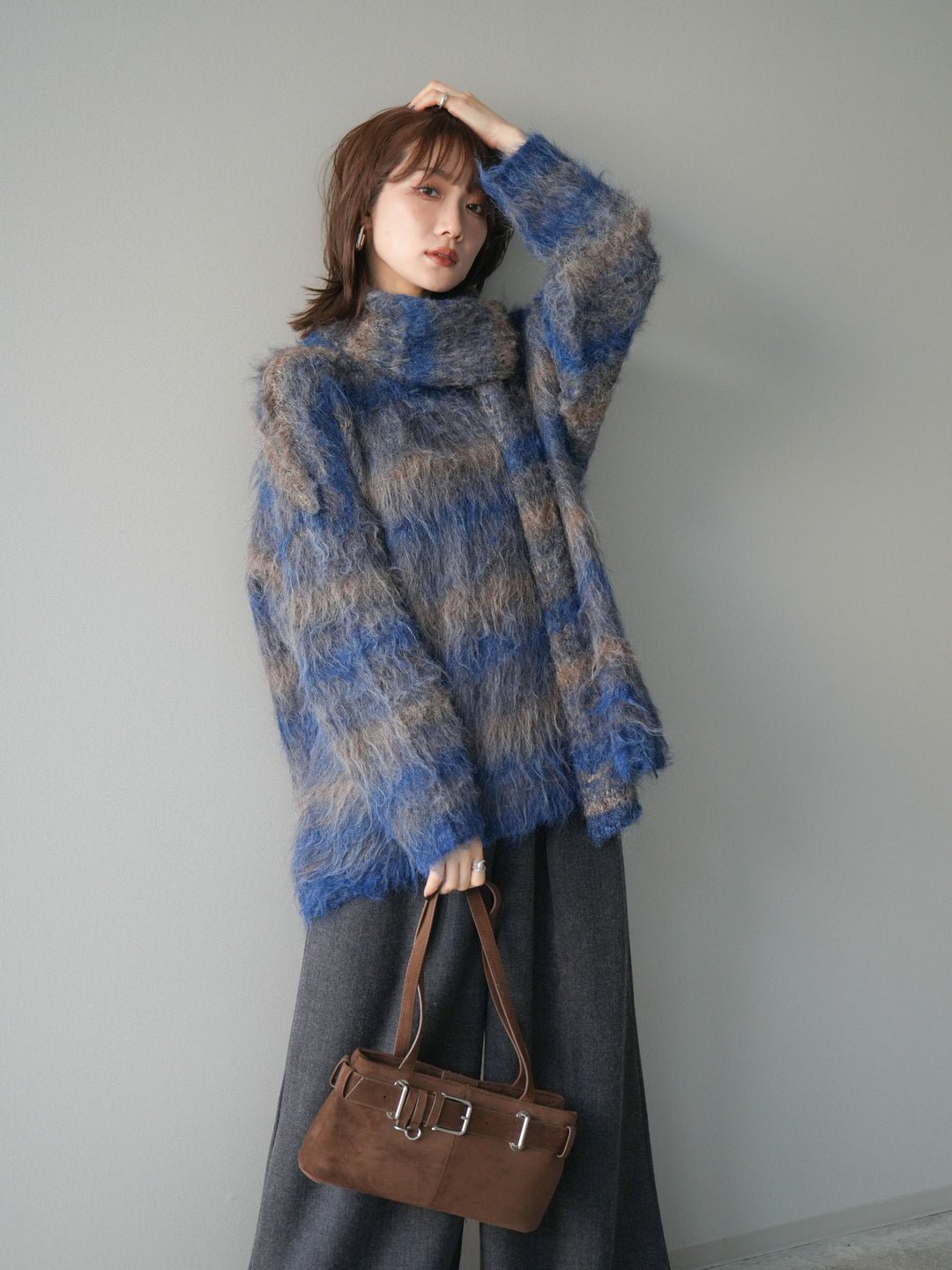 [予約]ストール付シャギーマルチボーダーニットプルオーバー/blue