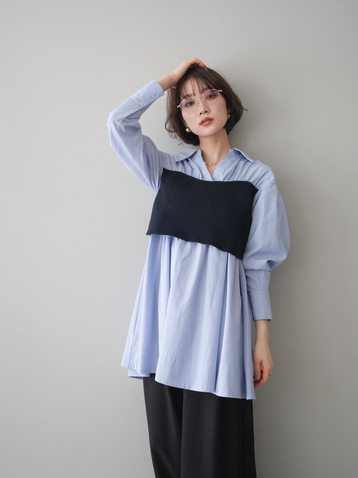 [予約]ニットビスチェドッキングフレアシャツチュニック/stripe