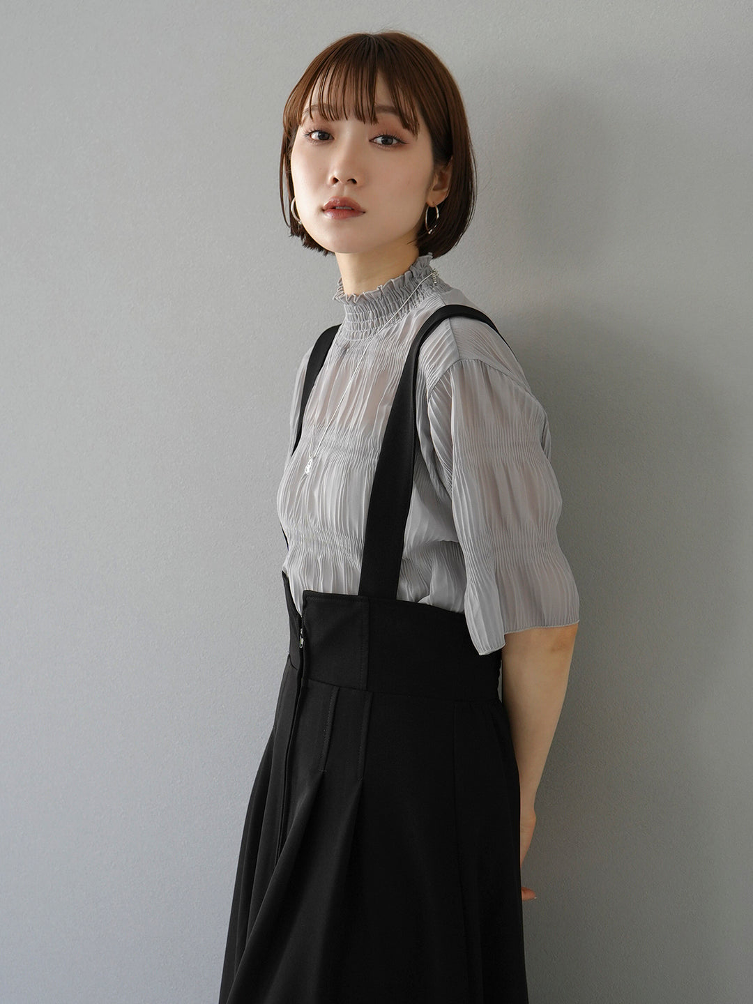 [SET] Shirring chiffon half sleeve blouse + 2WAY flare jumper skirt (2set)