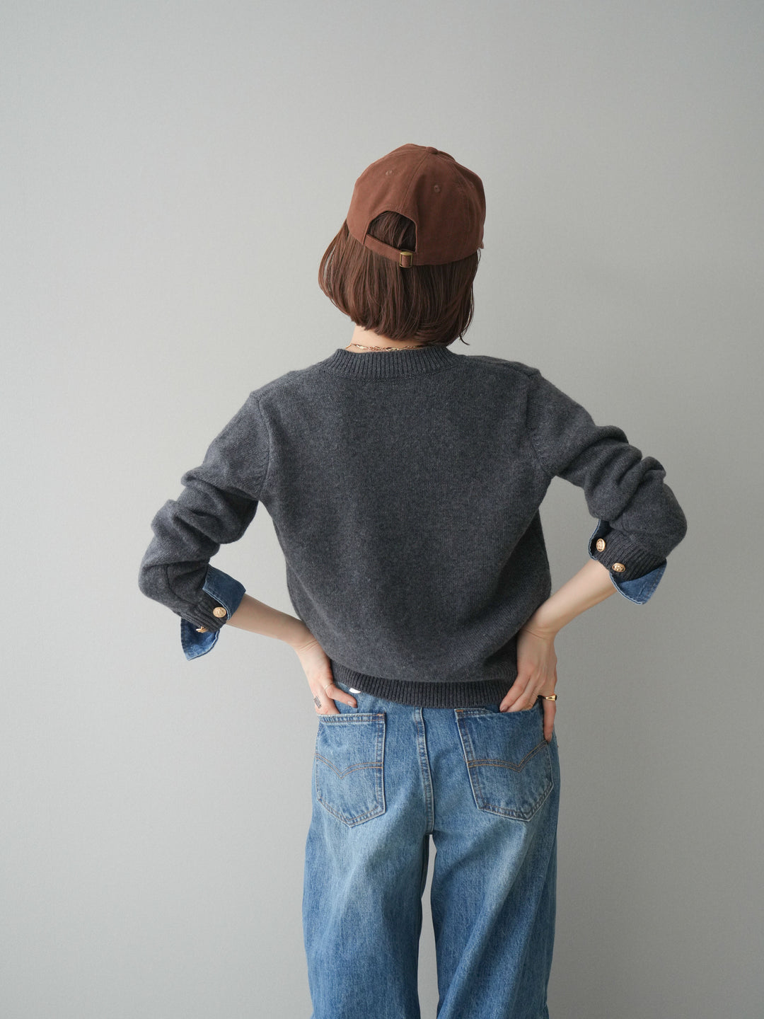 [SET]クルーネックデニムドッキングニットカーディガン+選べるアクセセット(2set)