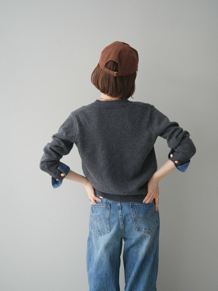 [SET]クルーネックデニムドッキングニットカーディガン+選べるアクセセット(2set)