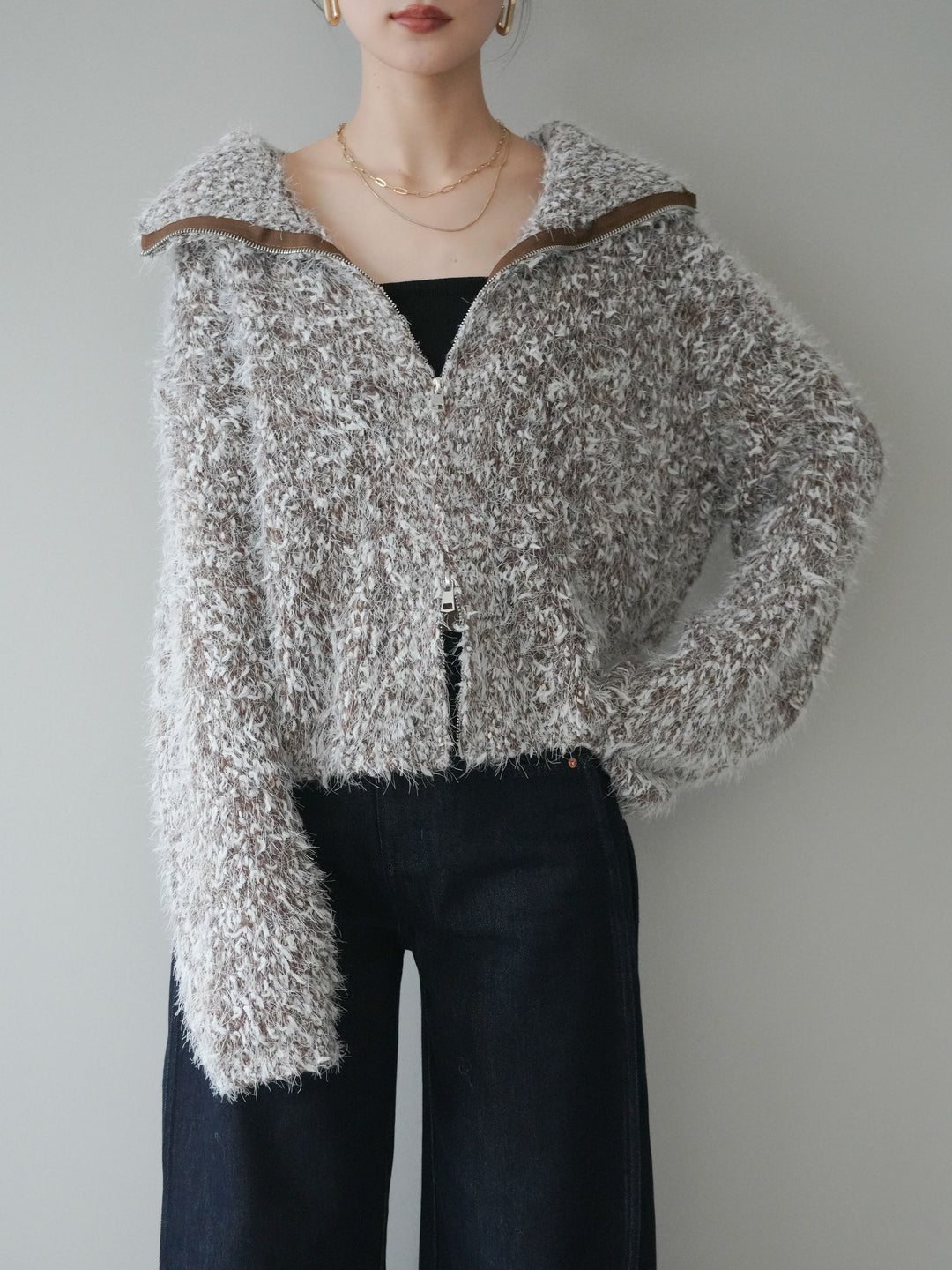 [予約]ミックスシャギージップニットカーディガン/brown