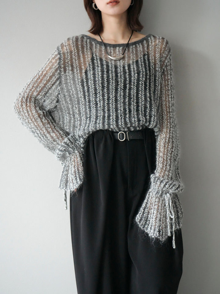 [予約]ストライプメッシュニットプルオーバー/グレー