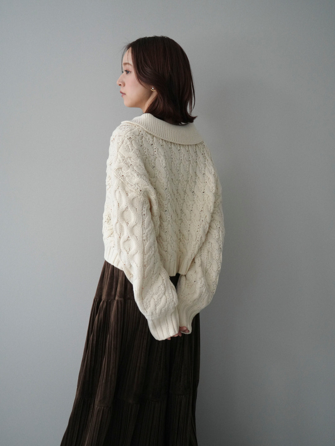 [SET]バルキーケーブルクロップド開襟プルオーバー+ベロアティアードワッシャースカート(2set)