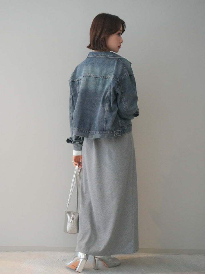 [SET]配色レイヤードヘンリーネックカットリブワンピース+配色ステッチデニムジャケット(2set)
