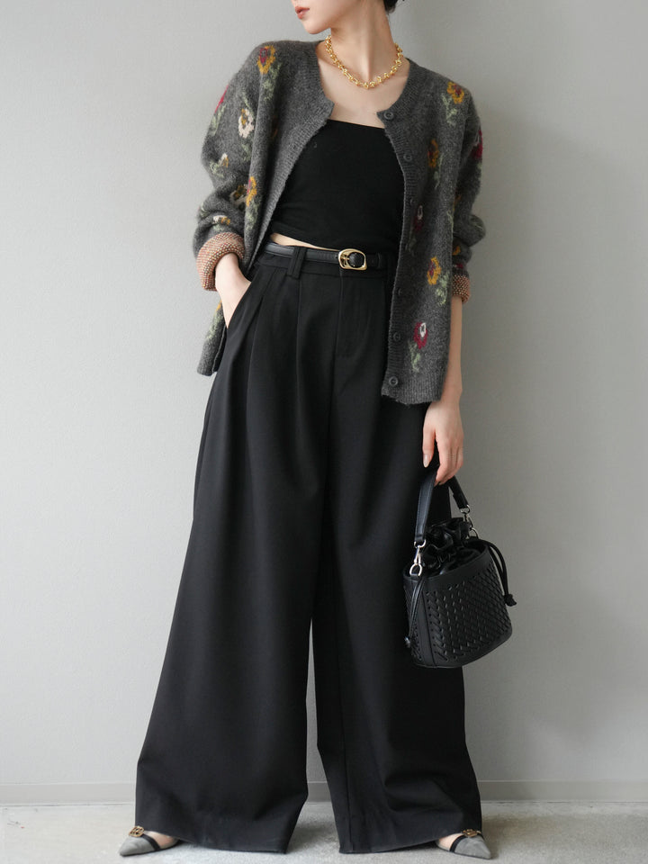 [予約]ウールタッチフラワーニットカーディガン/チャコール