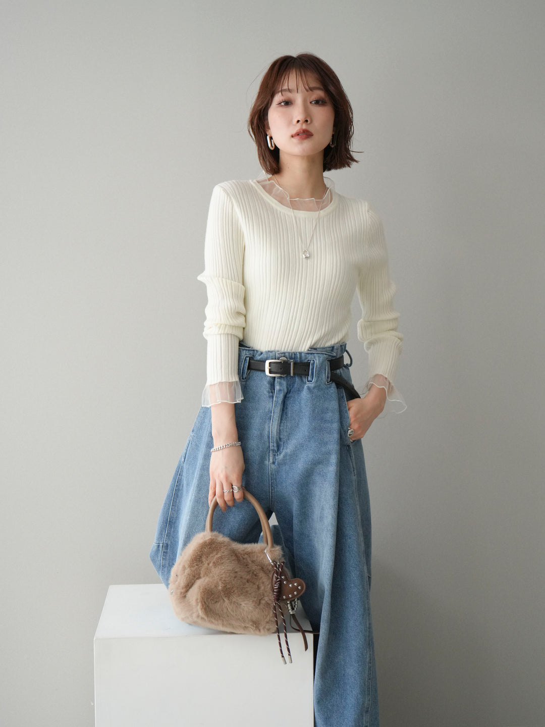 [SET]チュールドッキングリブニットトップス+ハイウエストベルトループデザインデニムパンツ(2set)