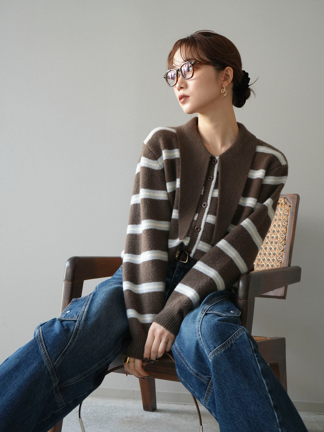 [予約]ボウタイボーダーニットカーディガン/brown