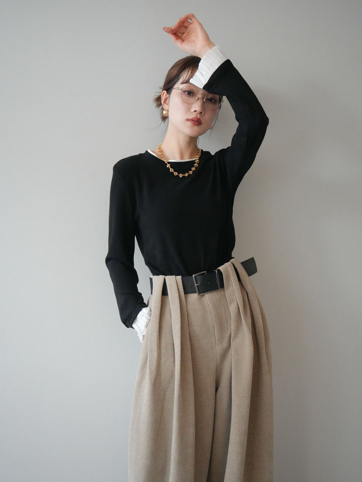 [予約]袖プリーツ配色レイヤードトップス/black