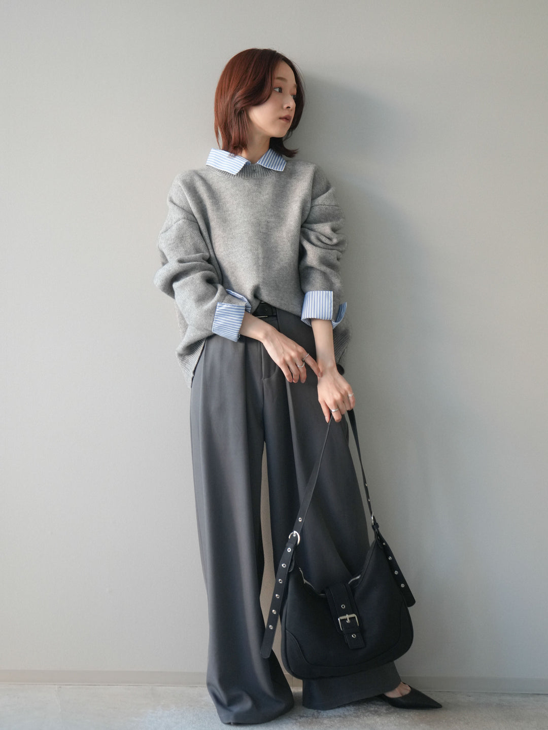 [SET]2WAYストライプ襟ニットプルオーバー+ベルトループデザインワイドパンツ(2set)
