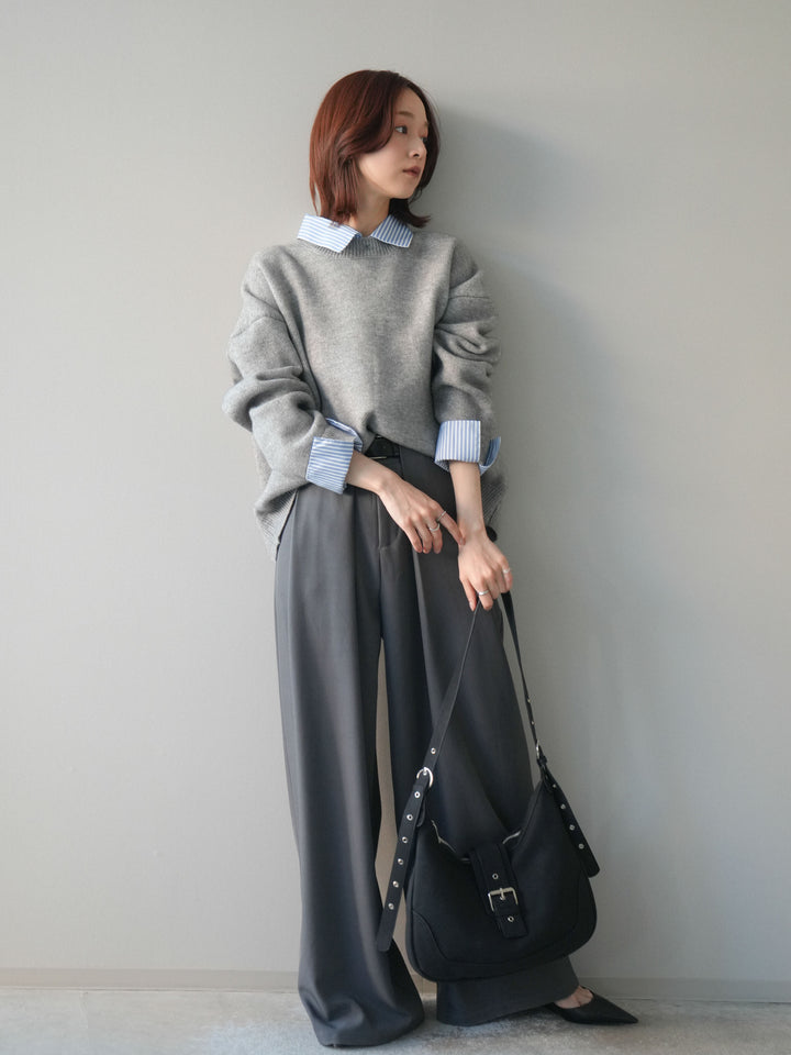[SET]2WAYストライプ襟ニットプルオーバー+ベルトループデザインワイドパンツ(2set)