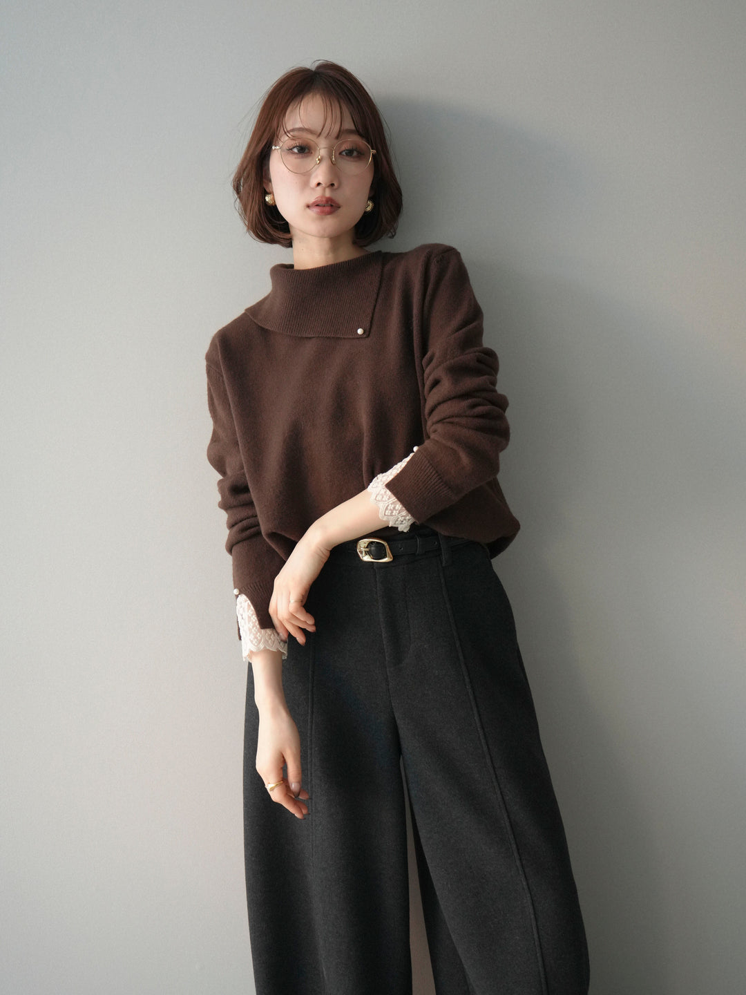 [SET]袖レースパール付き配色ニットトップス+ウールタッチカーブパンツ(2set)