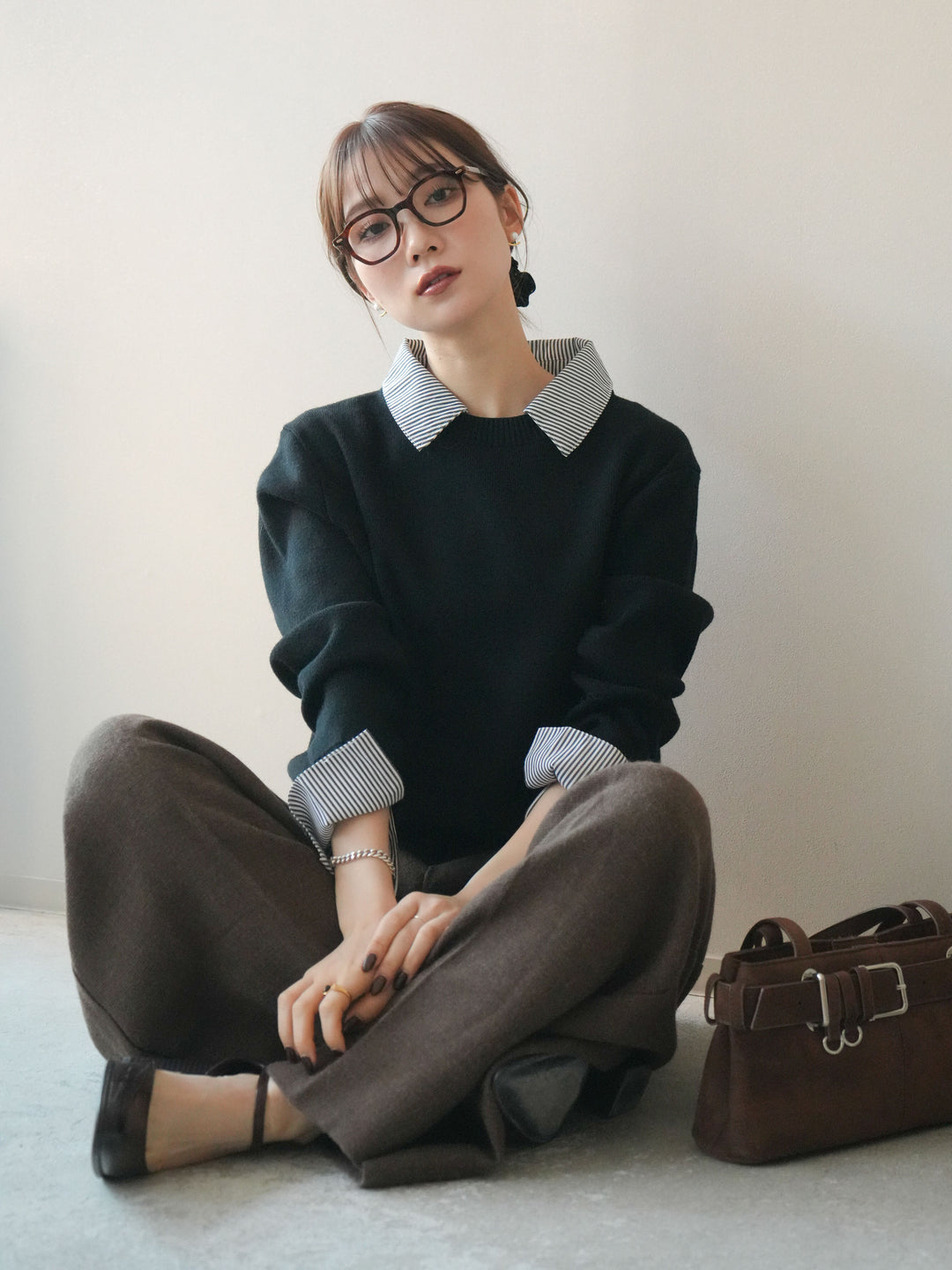 [SET]シャツドッキングデザイン裾ボタンニットプルオーバー+選べるアクセセット(2set)