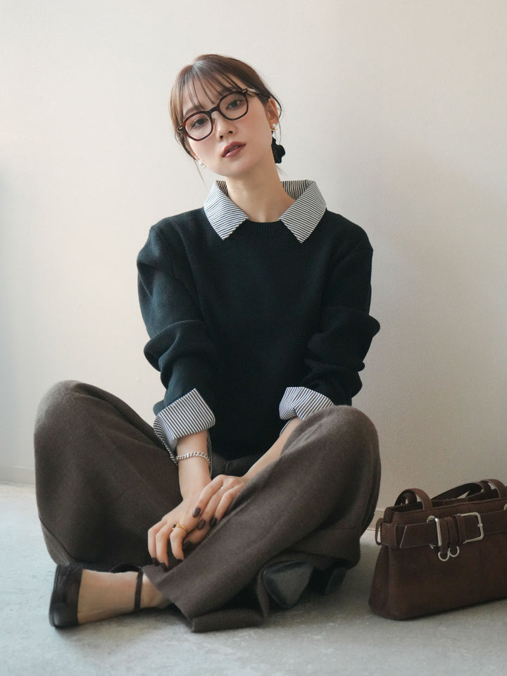 [SET]シャツドッキングデザイン裾ボタンニットプルオーバー+選べるアクセセット(2set)