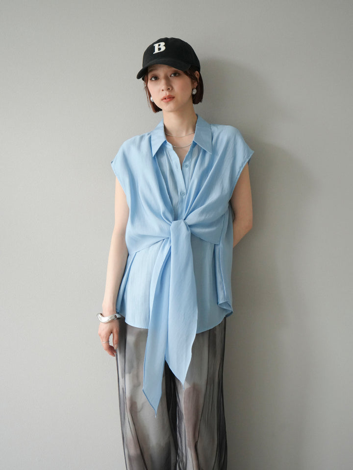 [SET] 前繫帶透視上衣 + 水彩藝術休閒褲 + 繩繡薄紗疊穿褲 (3 件套)