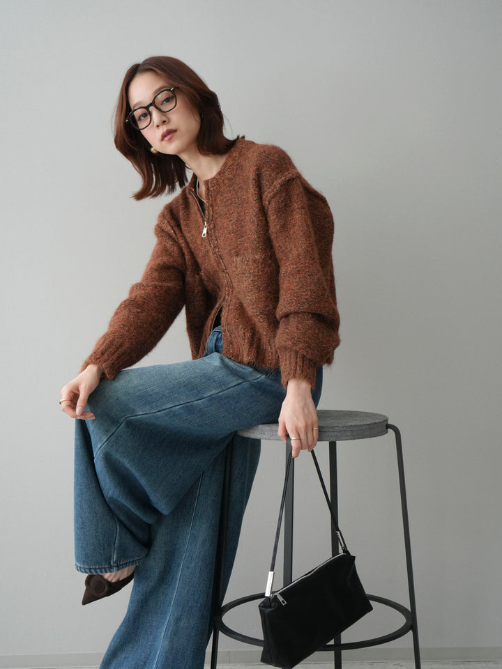 [SET]ミックスヤーンダブルZIPニットカーディガン+ベルト付裏起毛カーブデニムパンツ(2set)