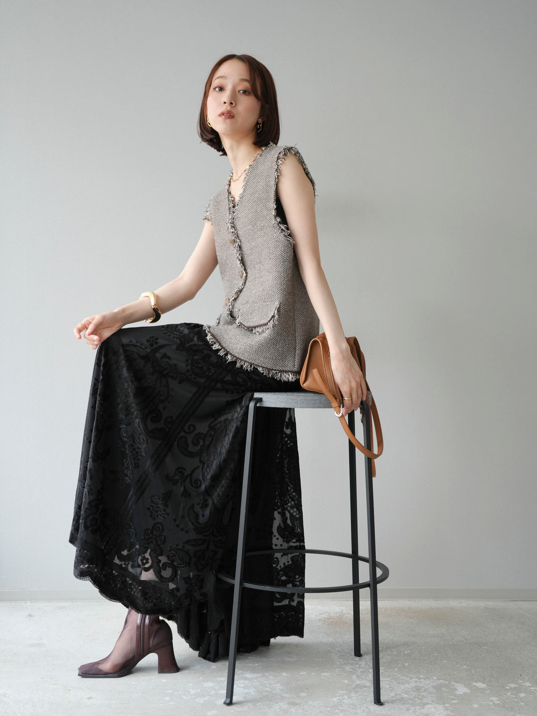 [予約]ツイードライクフリンジニットベスト/ブラウン