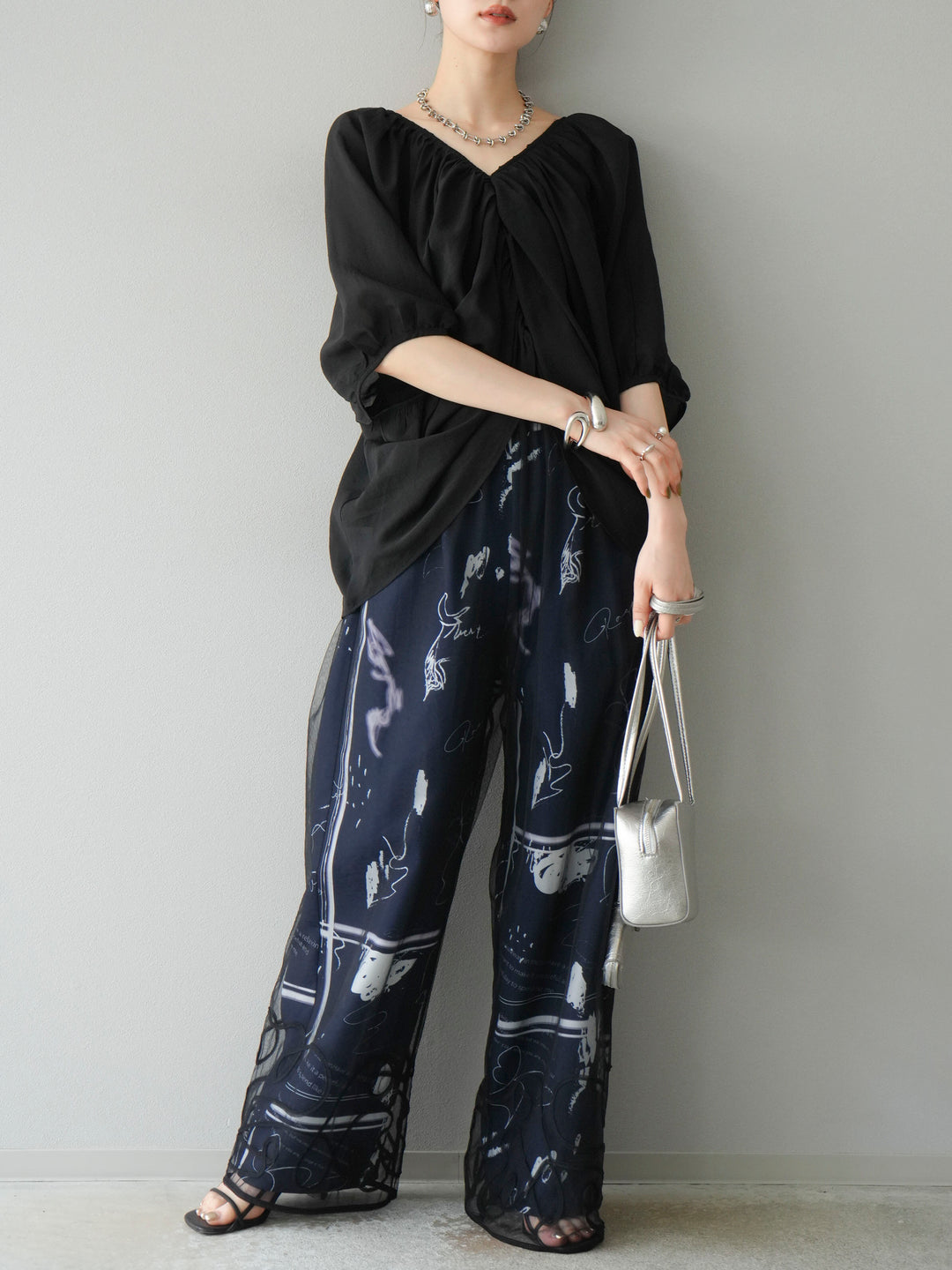 [予約]ペイント柄タックパンツ/ネイビー