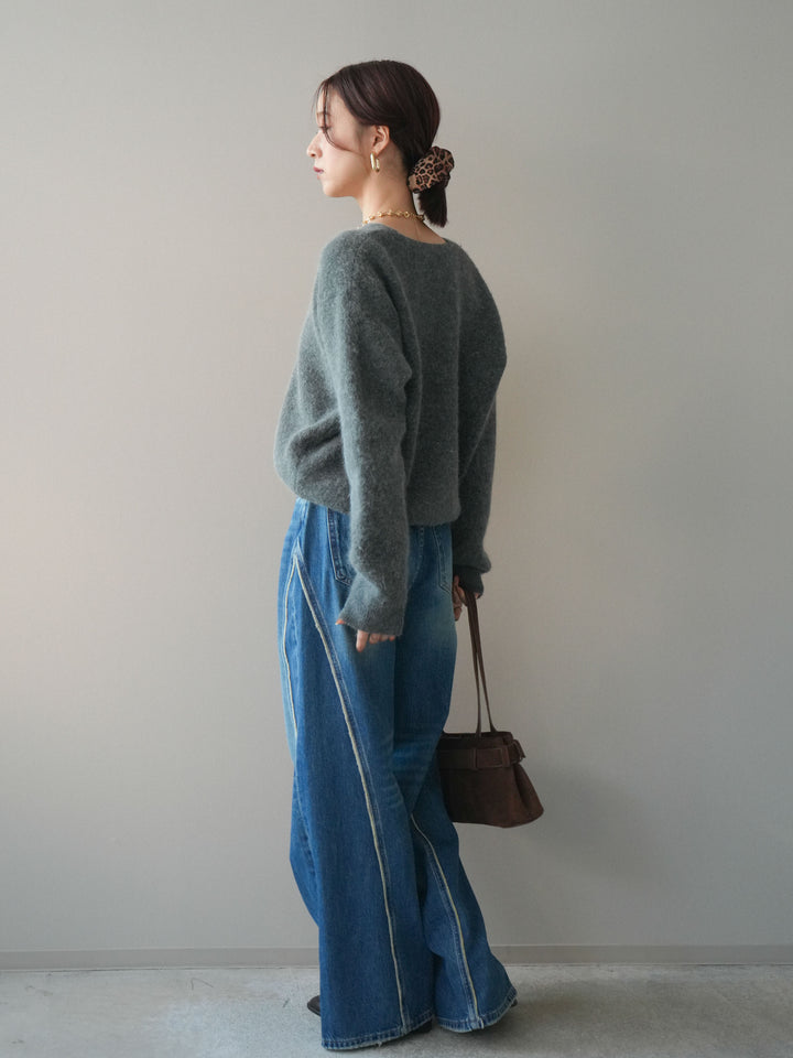 [SET]シュシュ付きアンゴラタッチVネックニットプルオーバー+サイドフリンジワイドデニムパンツ(2set)